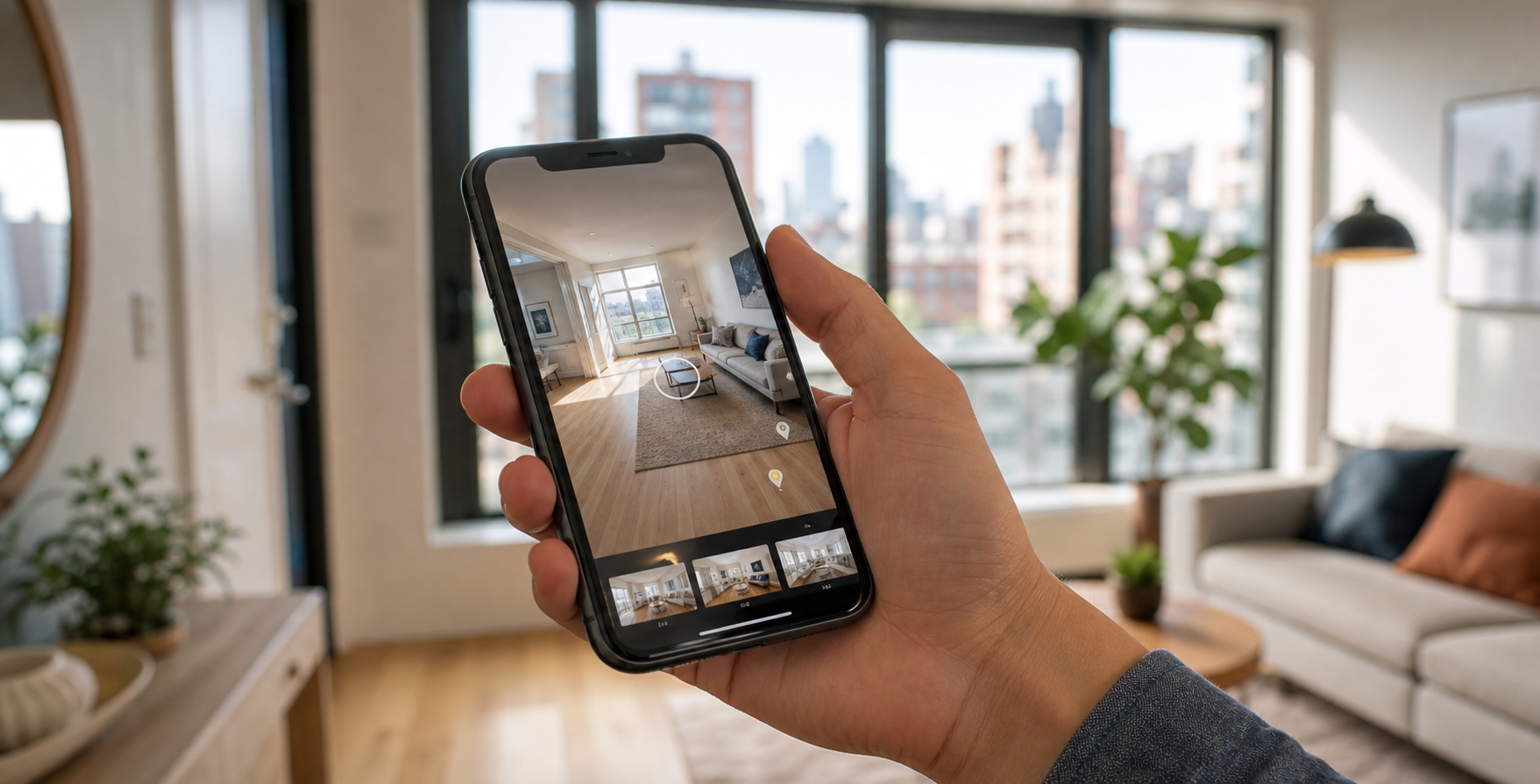 Smartphone displaying a mobile apartment walkthrough